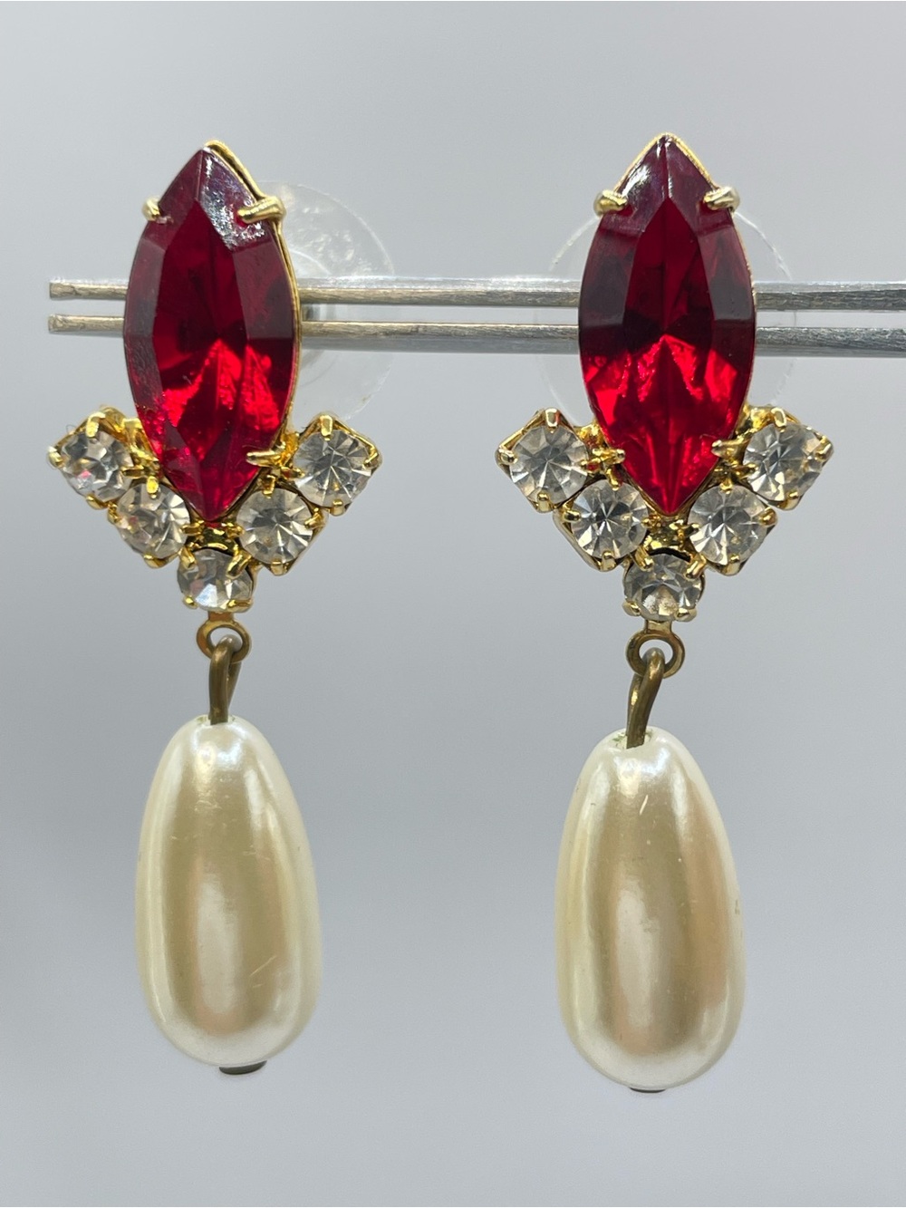 Gold Tone Red Crystal Glass Faux Pearl Dangle Earrings Vintage Glam Statement